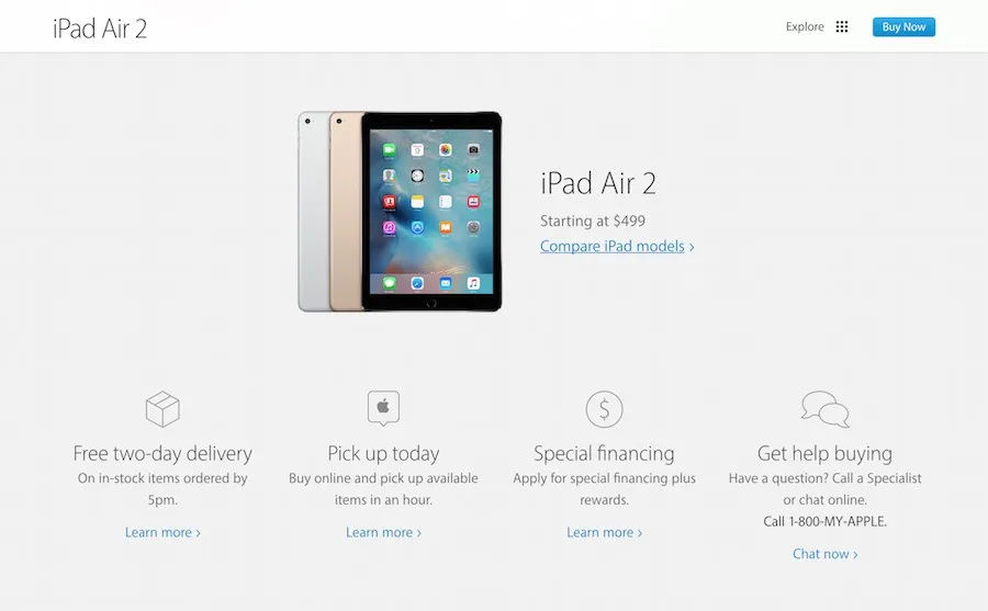 Image of iPad Air 2 landing page.
